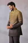 Shop_Tarun Tahiliani_Brown Tussar Slub Printed Jaal Ombre Bandhgala Pant Set _Online_at_Aza_Fashions