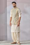 Tarun Tahiliani_Beige Linen Printed Kasheeda Waistcoat _Online_at_Aza_Fashions