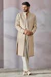 Buy_Tarun Tahiliani_Ivory Silk Dupion Embroidered Geometric Panel Sherwani Trouser Set _at_Aza_Fashions