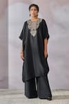 Buy_Tarun Tahiliani_Black Silk Dupion Embroidered Floral Round Yoke Kaftan And Pant Set _at_Aza_Fashions