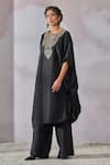 Tarun Tahiliani_Black Silk Dupion Embroidered Floral Round Yoke Kaftan And Pant Set _Online_at_Aza_Fashions