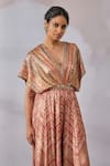 Buy_Tarun Tahiliani_Red Foil Jersey Printed Phulkari Plunged V And Embroidered Draped Jumpsuit_Online_at_Aza_Fashions