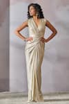 Buy_Tarun Tahiliani_Ivory Foil Jersey Embroidered Swarovski V Neck Tt Brooch Draped Dress_at_Aza_Fashions