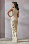 Shop_Tarun Tahiliani_Ivory Foil Jersey Embroidered Swarovski V Neck Tt Brooch Draped Dress_at_Aza_Fashions