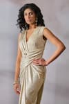 Tarun Tahiliani_Ivory Foil Jersey Embroidered Swarovski V Neck Tt Brooch Draped Dress_Online_at_Aza_Fashions