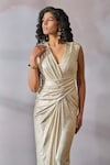 Buy_Tarun Tahiliani_Ivory Foil Jersey Embroidered Swarovski V Neck Tt Brooch Draped Dress_Online_at_Aza_Fashions