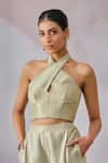 Buy_Tarun Tahiliani_Green Corset Tulle Embellished Diamond Halter And Flared Trouser Set _Online_at_Aza_Fashions