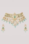 Shop_ChhavI'S Jewels_Green Pearls, Stones Dewy Bloom Kundan And Polki Studded Jewellery Set _Online_at_Aza_Fashions