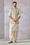 Buy_Tarun Tahiliani_Beige Linen Printed Kasheeda Waistcoat _at_Aza_Fashions