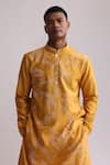 Shop_Countrymade_Yellow Chanderi Placement Hand Embroidered Shadow Camo Kurta And Pant Set_Online_at_Aza_Fashions