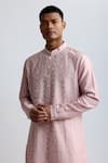 Shop_Countrymade_Pink Chanderi Embroidered Thread Shadow Block Kurta And Pant Set _Online_at_Aza_Fashions