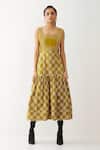 Buy_Son Of A Noble Snob_Gold Cotton Satin Square Neck Maple Checkered Pattern Dress _at_Aza_Fashions