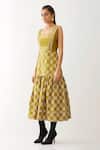 Shop_Son Of A Noble Snob_Gold Cotton Satin Square Neck Maple Checkered Pattern Dress _Online_at_Aza_Fashions