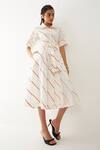 Son Of A Noble Snob_Off White Cotton Satin Collared Paloma Stripe Print Dress _Online_at_Aza_Fashions
