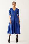 Buy_Son Of A Noble Snob_Blue Cotton Satin V-neck Robie Textured Yoke Dress _at_Aza_Fashions