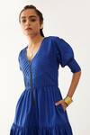 Buy_Son Of A Noble Snob_Blue Cotton Satin V-neck Robie Textured Yoke Dress _Online_at_Aza_Fashions