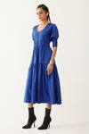 Son Of A Noble Snob_Blue Cotton Satin V-neck Robie Textured Yoke Dress _at_Aza_Fashions