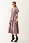 Son Of A Noble Snob_Purple Cotton Satin V-neck Robie Textured Tiered Dress _Online_at_Aza_Fashions