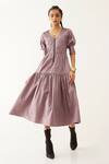Shop_Son Of A Noble Snob_Purple Cotton Satin V-neck Robie Textured Tiered Dress _Online_at_Aza_Fashions