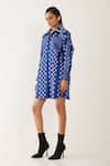 Son Of A Noble Snob_Blue Cotton Satin Collared Ruby Checkered Print Shirt Dress _at_Aza_Fashions