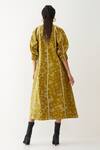Shop_Son Of A Noble Snob_Gold Cotton Satin V-neck Frida Void Print Dress _at_Aza_Fashions