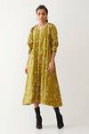 Buy_Son Of A Noble Snob_Gold Cotton Satin V-neck Frida Void Print Dress _Online_at_Aza_Fashions