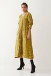 Shop_Son Of A Noble Snob_Gold Cotton Satin V-neck Frida Void Print Dress _Online_at_Aza_Fashions