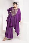 DEEPIKA CHOPRA_Purple Indian Crepe Hand Embroidered Anti-fit Asymmetric Kurta With Flared Pant_Online_at_Aza_Fashions