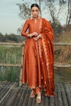 Buy_Safaa_Orange Vegan Silk Woven Floral Notched The Elaya Anarkali Set_at_Aza_Fashions