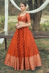 Safaa_Orange Vegan Silk Woven Floral Booti Square Neck The Minara Lehenga Set _Online_at_Aza_Fashions