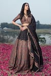 Buy_Safaa_Black Vegan Silk Woven Floral Deep V Neck The Ruya Lehenga Set _at_Aza_Fashions