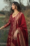 Safaa_Red Vegan Silk Woven Floral V Neck The Selah Anarkali Set _Online_at_Aza_Fashions