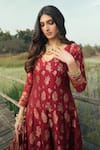 Safaa_Red Vegan Silk Woven Floral V Neck The Selah Anarkali Set _at_Aza_Fashions