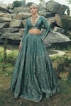 Shop_Safaa_Blue Vegan Silk Woven Floral Deep V Neck The Zalea Lehenga Set_Online_at_Aza_Fashions