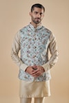 Spring Break_Blue Cotton Silk Printed Floral Pattern Bundi Jacket And Kurta Set_Online_at_Aza_Fashions