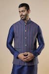 Spring Break_Blue Cotton Printed Striped Bundi Jacket And Kurta Set _Online_at_Aza_Fashions