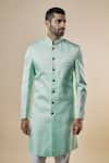 Spring Break_Green Sherwani Linen Satin Embroidered Floral Cuff And Pant Set_Online_at_Aza_Fashions