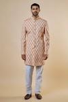 Buy_Spring Break_Peach Cotton Printed Floral Pattern Sherwani And Pant Set_at_Aza_Fashions