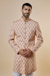 Spring Break_Peach Cotton Printed Floral Pattern Sherwani And Pant Set_Online_at_Aza_Fashions