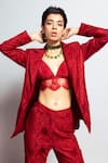 Shop_Nirmooha_Maroon Chantilly Embellished Lapel Collar Neck Blazer Jacket_Online_at_Aza_Fashions