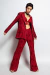 Nirmooha_Maroon Chantilly Embellished Lapel Collar Neck Blazer Jacket_at_Aza_Fashions