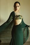 Masaba_Green Pre-draped Saree Georgette Embroidery Trikone Bustier And Blouse Set _Online_at_Aza_Fashions