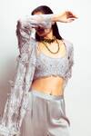 Buy_Nirmooha_Grey Chantilly Lace Hand Embroidery Sequins Open Neck Cape 