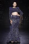 Buy_Itrh_Blue Net Embellished Crystal Akhenaten Blouse And Fish-cut Lehenga Set _Online_at_Aza_Fashions