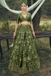 Safaa_Green Vegan Silk Woven Floral Deep V Neck The Hiraya Lehenga Set _at_Aza_Fashions