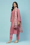 Aarke Ritu Kumar_Pink Crimp Moss Satin Embroidery Thread Notched Ersheen Kurta Set _Online_at_Aza_Fashions