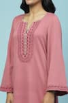 Buy_Aarke Ritu Kumar_Pink Crimp Moss Satin Embroidery Thread Notched Ersheen Kurta Set _Online_at_Aza_Fashions