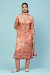 Buy_Aarke Ritu Kumar_Peach Recycle Poly Satin Printed Floral Notched Rubaiyat Kurta Set _at_Aza_Fashions