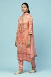 Aarke Ritu Kumar_Peach Recycle Poly Satin Printed Floral Notched Rubaiyat Kurta Set _Online_at_Aza_Fashions