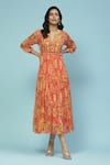 Buy_Aarke Ritu Kumar_Orange Recycle Chiffon Print Art Parker Embroidered Yoke Tiered Midi Dress _at_Aza_Fashions